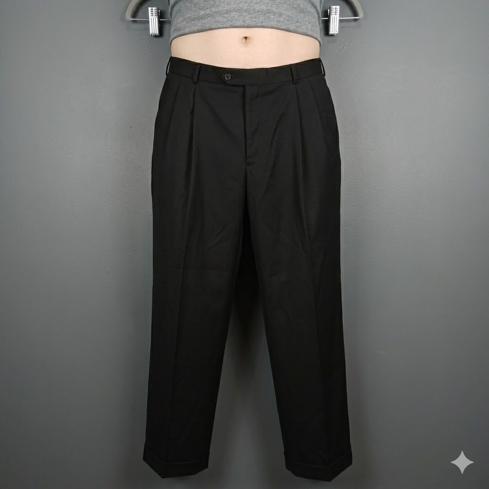 Neiman‎ Marcus Pleated Dress Pants 100% Wool Made in Canada Cuffed Black Size 40
